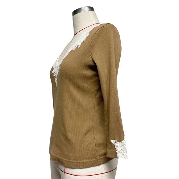 Cha Cha Vente Womens Size M Brown Ribbed Lace Trim Long Sleeve Top - Picture 3 of 6